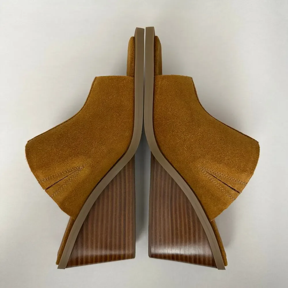 Matisse Lillie Tobacco Suede Sculpted Wedge Mules Boho Square Toe Brown Tan Sz 7